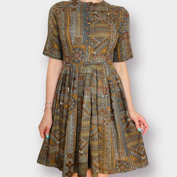 60s Carol Rodgers Brown Gray Pattern‎ Dress - Picture 3 of 5